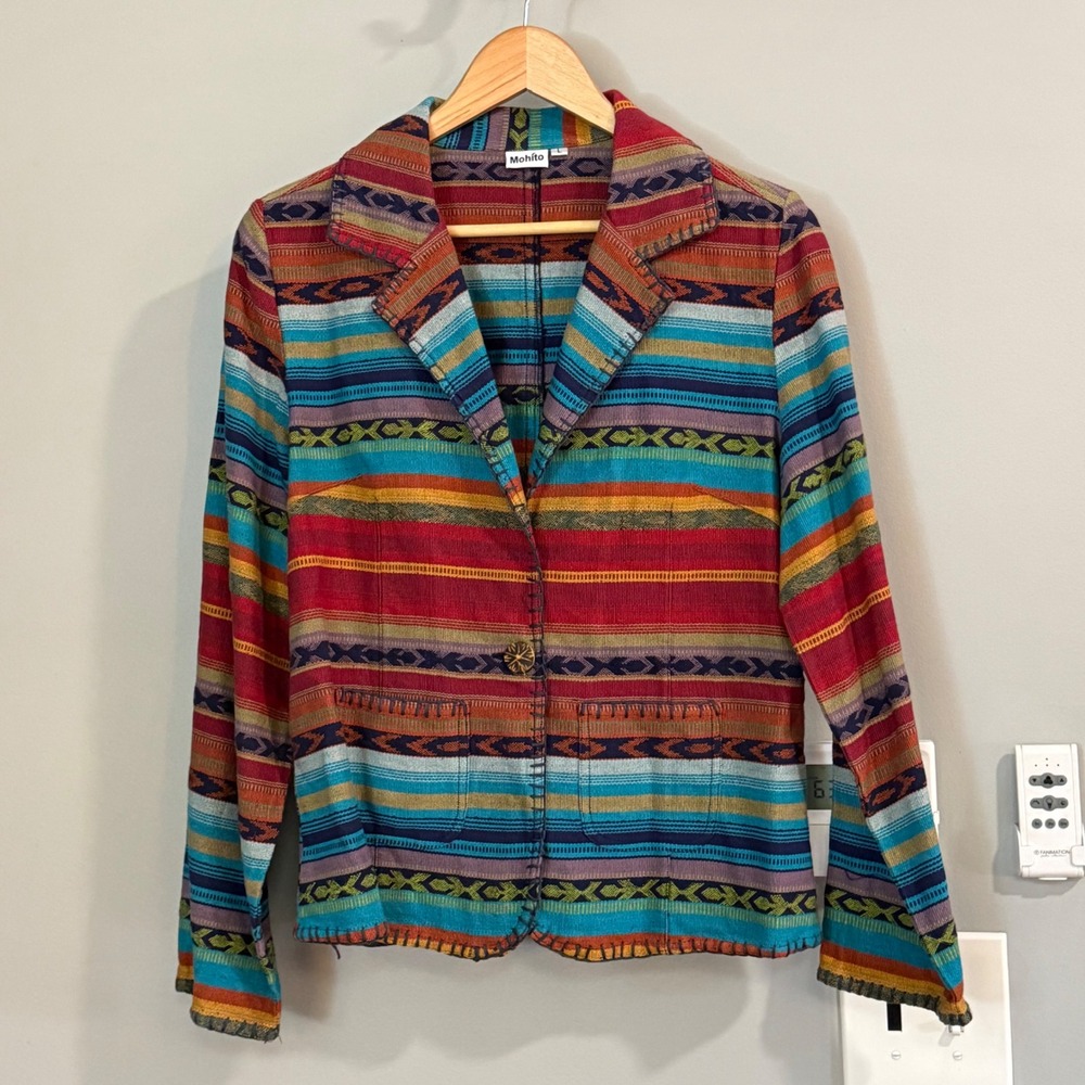 Mohito Se Dona Stripe Jacket Womens Sz L Cotton Colorful Southwestern Blazer‎